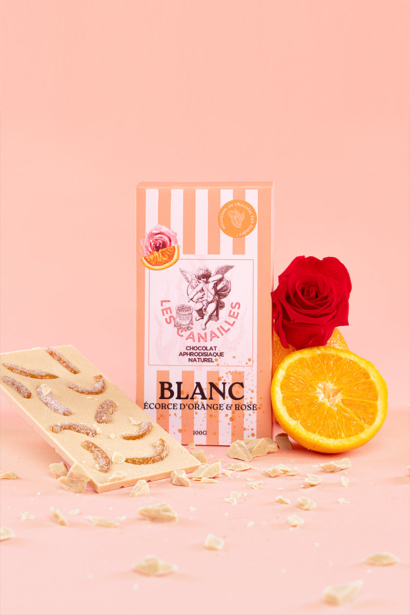 Chocolat Blanc Aphrodisiaque Orange & Rose 100g – Les Canailles (Artisanal Français)