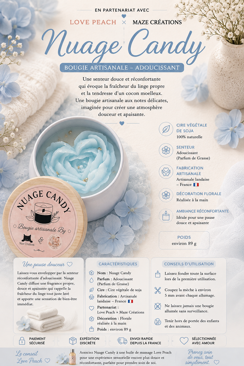 Nuage Candy – Bougie Artisanale Senteur Adoucissant | Love Peach × Maze Créations