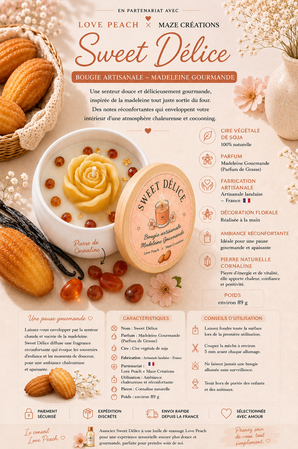 Sweet Délice – Bougie artisanale Madeleine Gourmande | Love Peach × Maze Créations