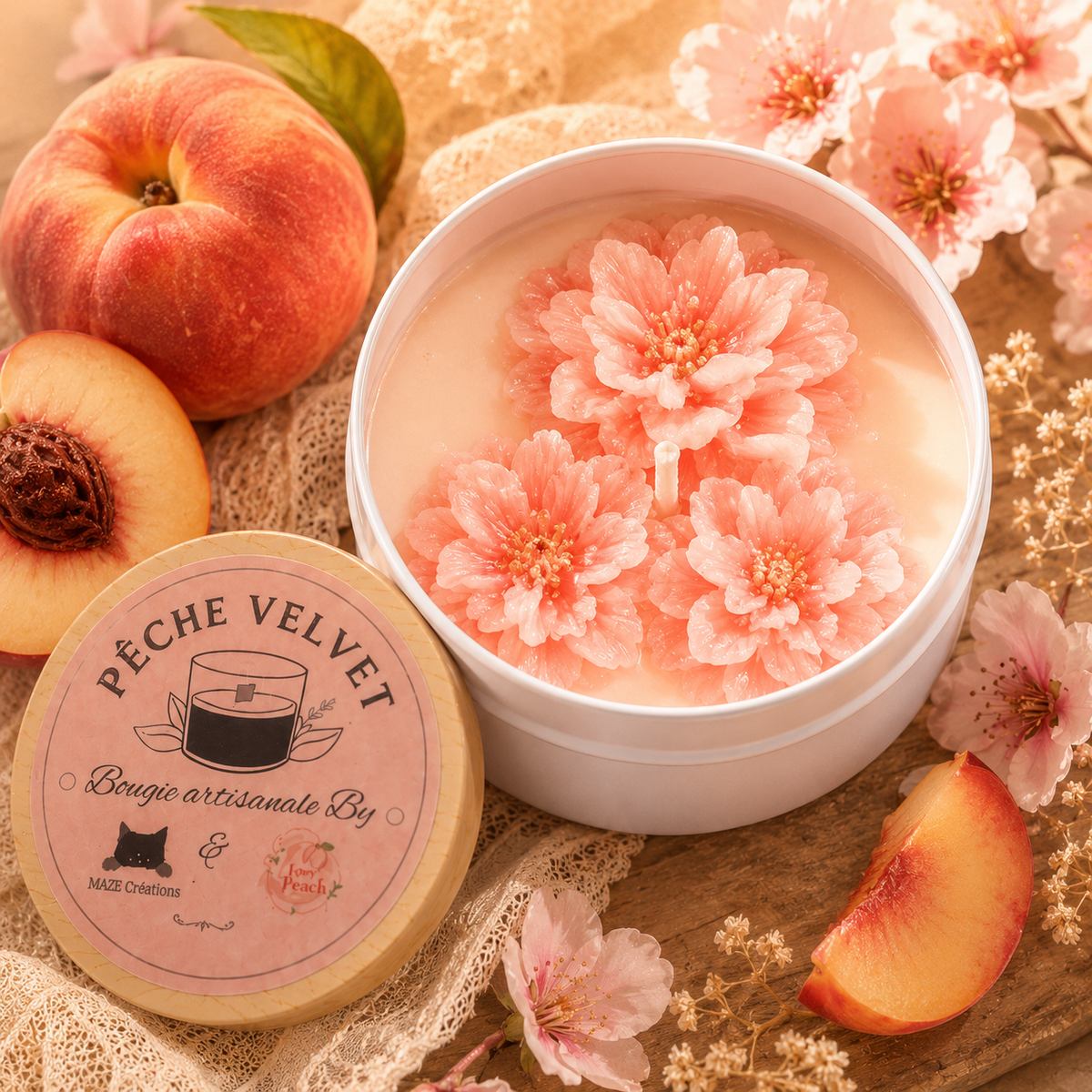Pêche Velvet – Bougie Artisanale Senteur Pêche des Vignes | Love Peach × Maze Créations