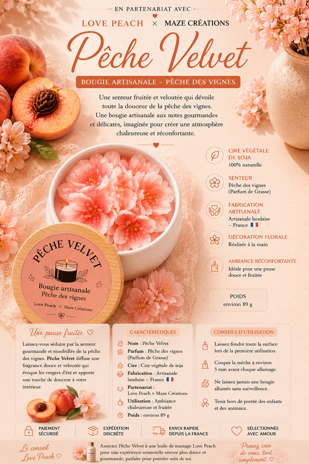 Pêche Velvet – Bougie Artisanale Senteur Pêche des Vignes | Love Peach × Maze Créations