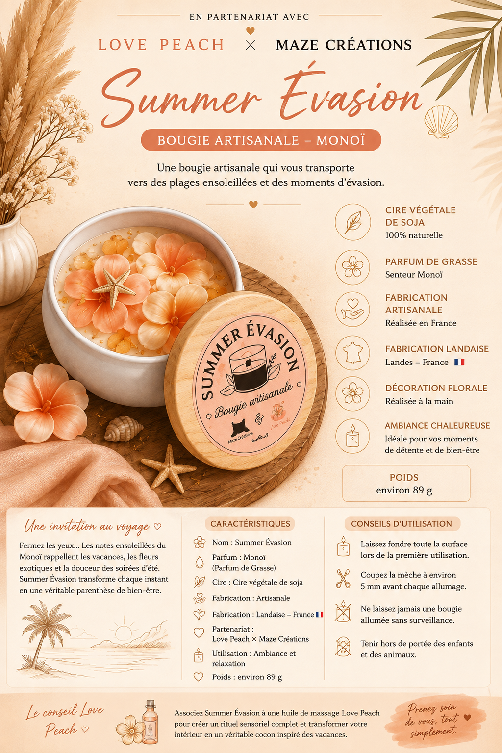 Summer Évasion – Bougie Artisanale au Monoï | Love Peach × Maze Créations